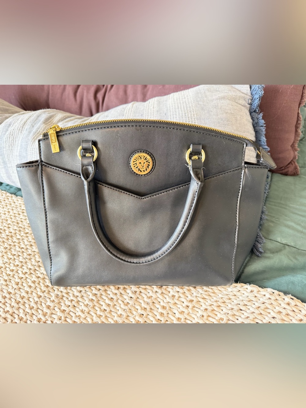 Anne Klein Black Satchel with Gold Logo and Hardware